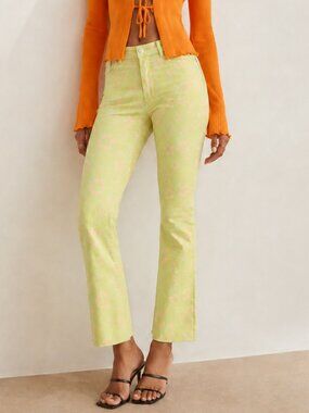 ZARA NEW Lime Green Pink Floral Print High Waisted Kick Flare Pants SZ 8 Retro